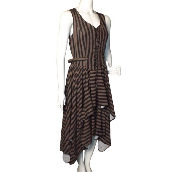new SCARLET DARKNESS Dress, 10, Brown/Black Stripes, Hi-Low Skirt, Lace/Buckles - Picture 3 of 14